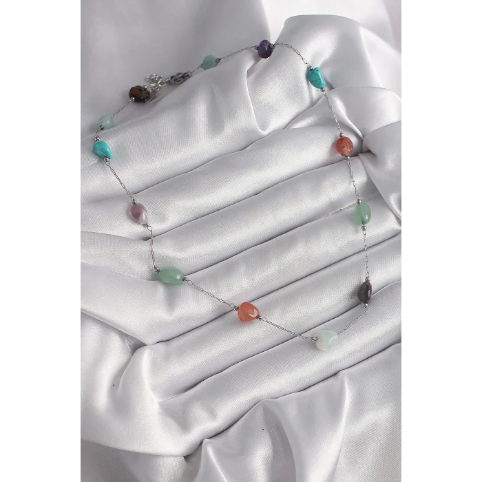 BUĞZ 316L Çelik Gümüş Renk Zincir Renkli Doğaltaş Model Kadın Kolye - BUĞZ