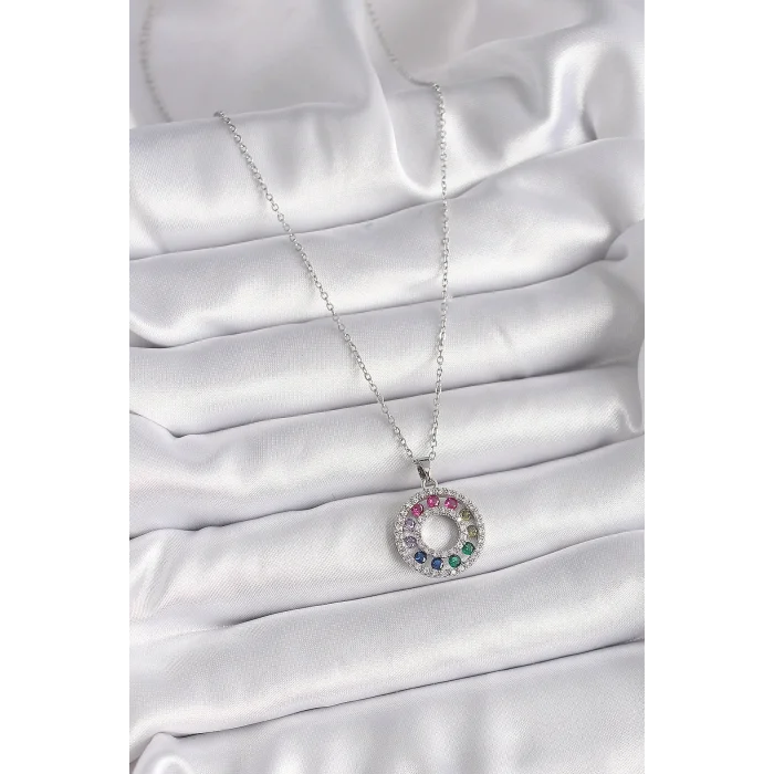 BUĞZ 316L Çelik Gümüş Renk Zincir Renkli Zirkon Taşlı Madalyon Model Kadın Kolye - BUĞZ