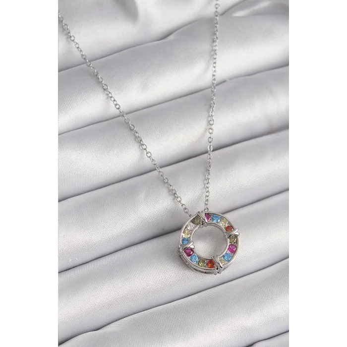BUĞZ 316L Çelik Gümüş Renk Zincir Renkli Zirkon Taşlı Xoxo Model Kadın Kolye
