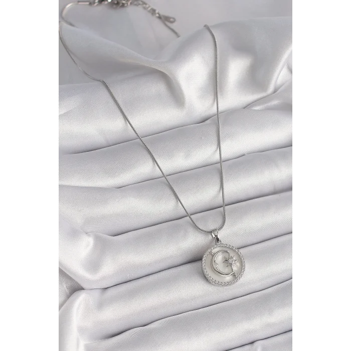 BUĞZ 316L Çelik Gümüş Renk Zincir Zirkon Taş Detaylı Beyaz Sedefli Ay Yıldız İşleme Kadın Kolye