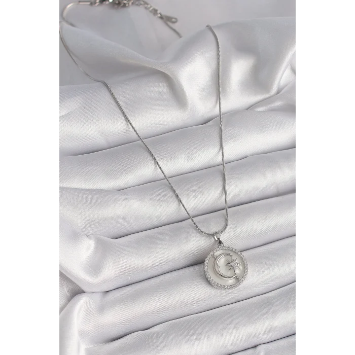 BUĞZ 316L Çelik Gümüş Renk Zincir Zirkon Taş Detaylı Beyaz Sedefli Ay Yıldız İşleme Kadın Kolye - Lisinya