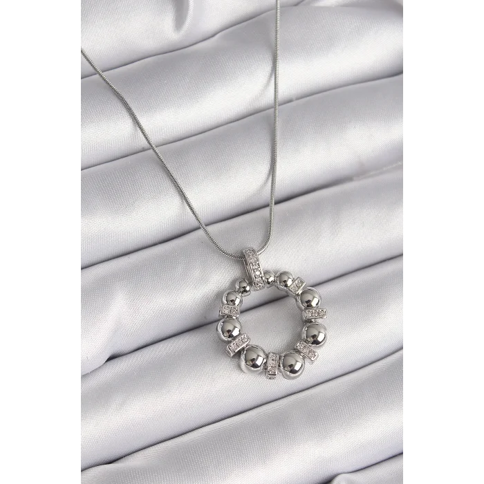 BUĞZ 316L Çelik Gümüş Renk Zincir Zirkon Taş Detaylı Bombeli Halka Model Kadın Kolye