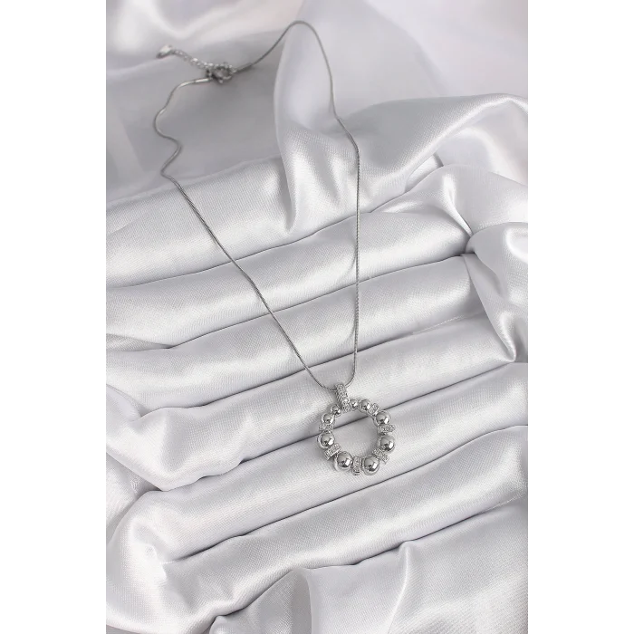 BUĞZ 316L Çelik Gümüş Renk Zincir Zirkon Taş Detaylı Bombeli Halka Model Kadın Kolye - BUĞZ