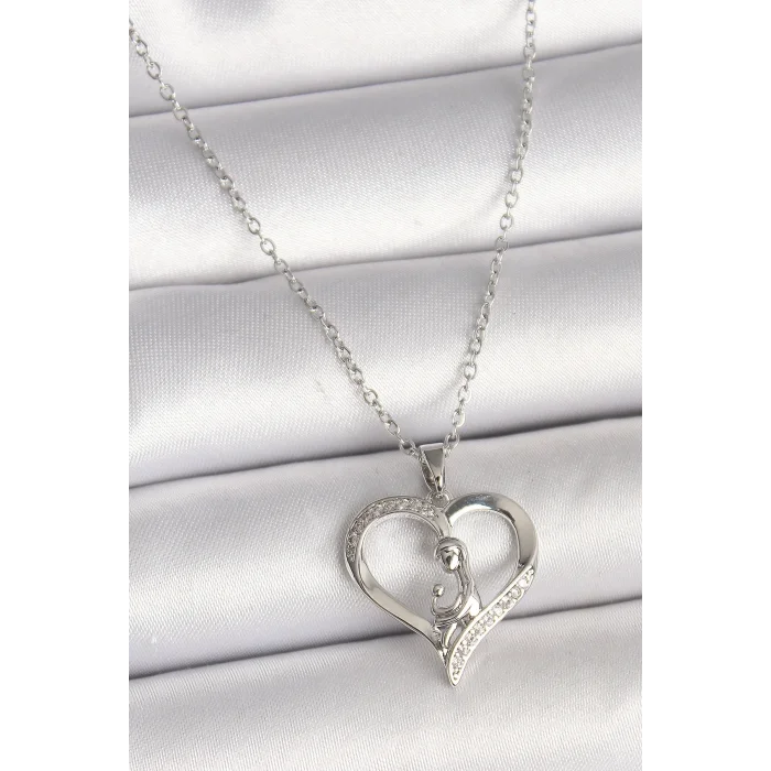 BUĞZ 316L Çelik Gümüş Renk Zincir Zirkon Taş Detaylı Kalp Model Kadın Kolye