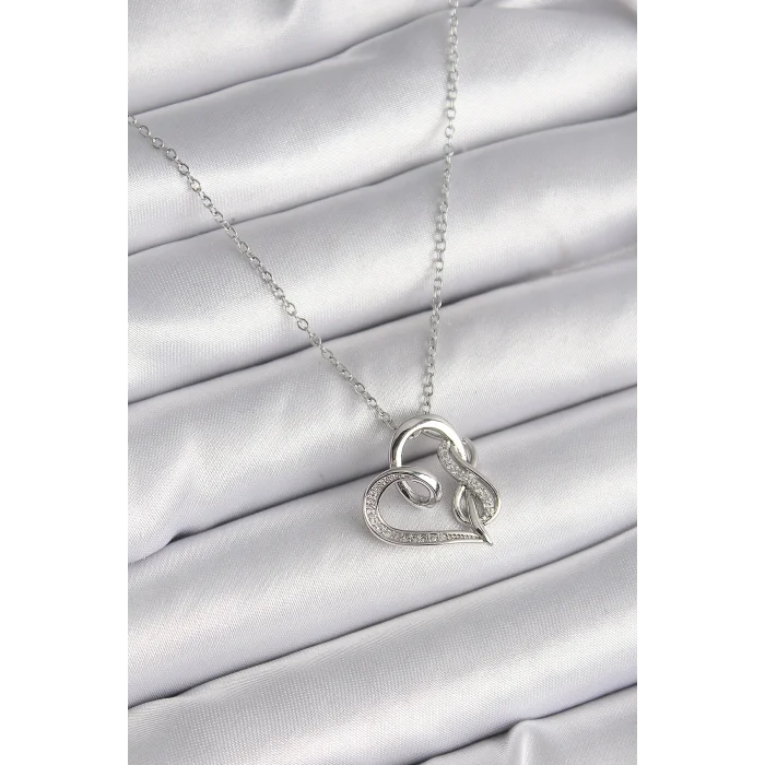 BUĞZ 316L Çelik Gümüş Renk Zincir Zirkon Taş Detaylı Kalp Model Sonsuzluk Detay Kadın Kolye