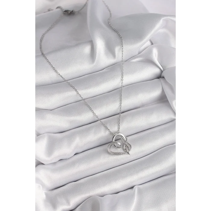 BUĞZ 316L Çelik Gümüş Renk Zincir Zirkon Taş Detaylı Kalp Model Sonsuzluk Detay Kadın Kolye - BUĞZ