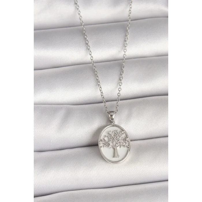 BUĞZ 316L Çelik Gümüş Renk Zincir Zirkon Taş İşlemeli Beyaz Mineli Ağaç İşlemeli Portre Model Kadın Kolye