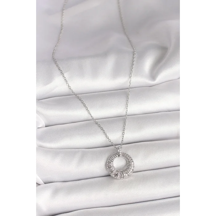 BUĞZ 316L Çelik Gümüş Renk Zincir Zirkon Taş İşlemeli Daire Model Kadın Kolye - Lisinya