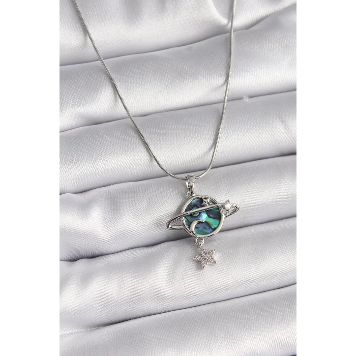 BUĞZ 316L Çelik Gümüş Renk Zincir Zirkon Taşlı Gezegen Model Kadın Kolye