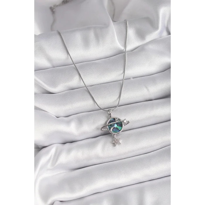 BUĞZ 316L Çelik Gümüş Renk Zincir Zirkon Taşlı Gezegen Model Kadın Kolye