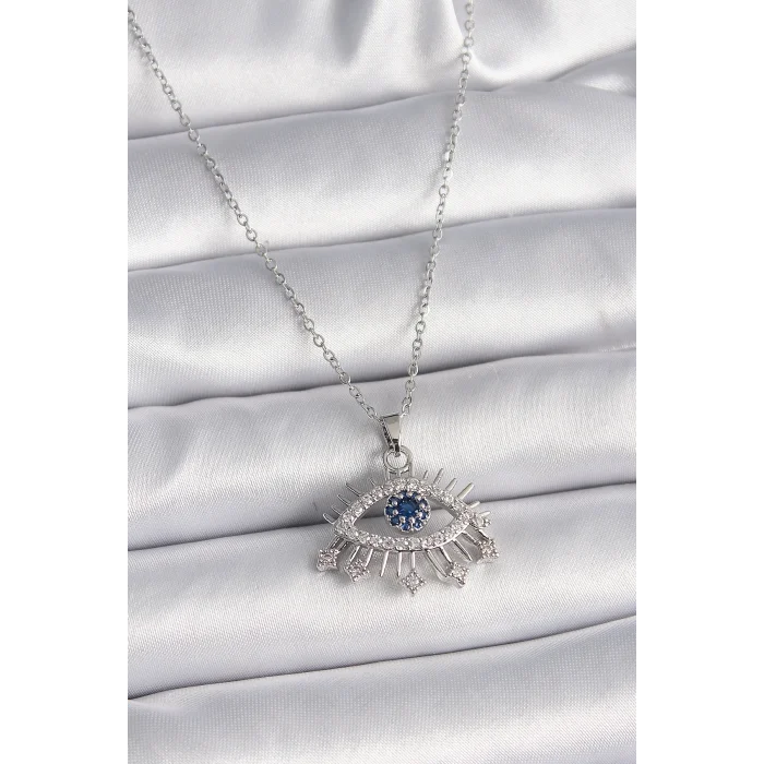 BUĞZ 316L Çelik Gümüş Renk Zincir Zirkon Taşlı Göz Model Kadın Kolye