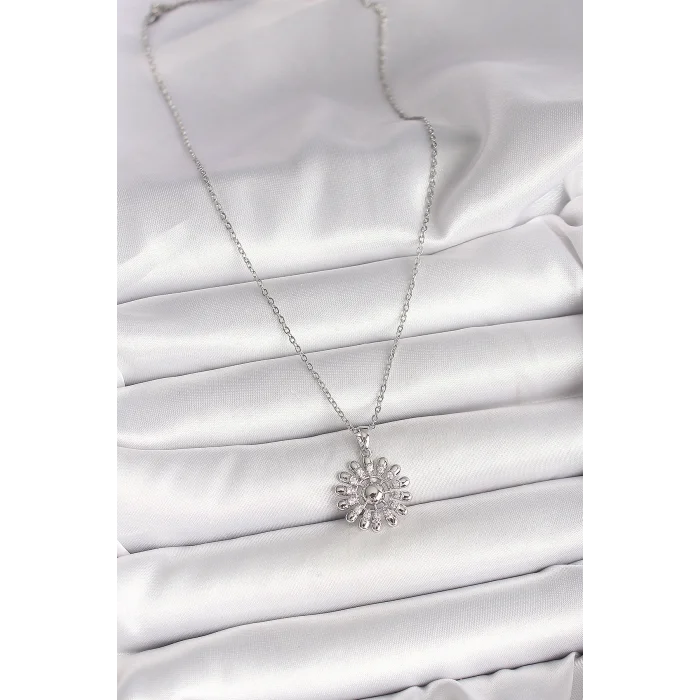 BUĞZ 316L Çelik Gümüş Renk Zincir Zirkon Taşlı Güneş Model Kadın Kolye - Lisinya