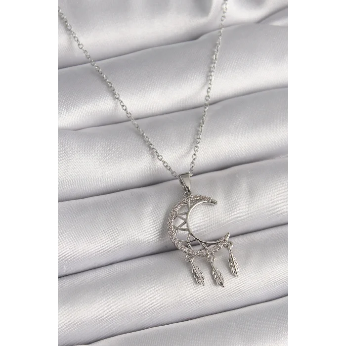 BUĞZ 316L Çelik Gümüş Renk Zincir Zirkon Taşlı Hilal Model Sallantı Yaprak Detay Kadın Kolye