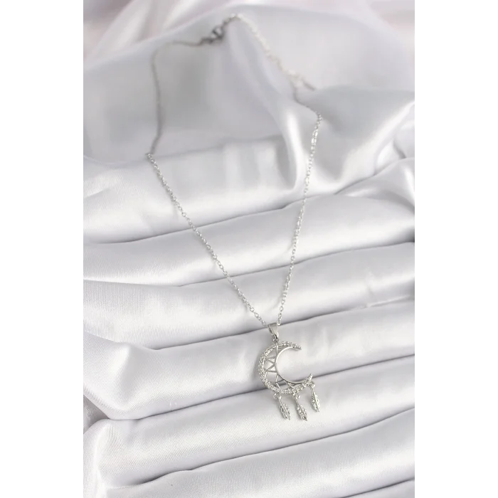 BUĞZ 316L Çelik Gümüş Renk Zincir Zirkon Taşlı Hilal Model Sallantı Yaprak Detay Kadın Kolye