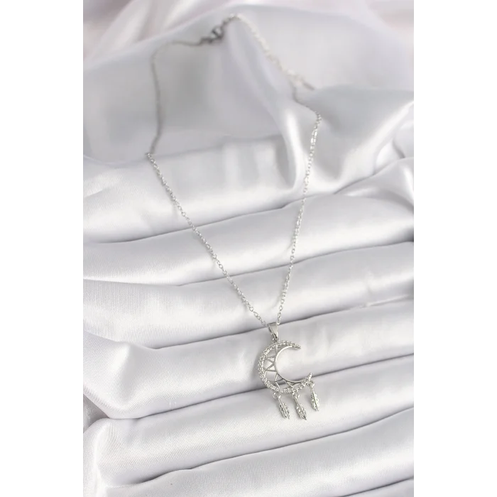 BUĞZ 316L Çelik Gümüş Renk Zincir Zirkon Taşlı Hilal Model Sallantı Yaprak Detay Kadın Kolye - Lisinya