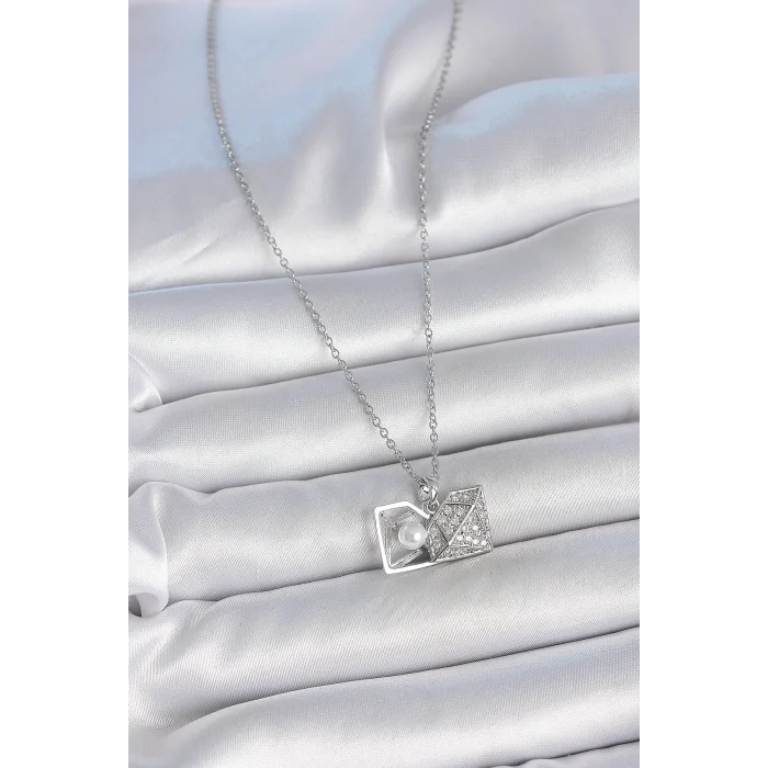 BUĞZ 316L Çelik Gümüş Renk Zincir Zirkon Taşlı İncili Açılır Elmas Model Kadın Kolye