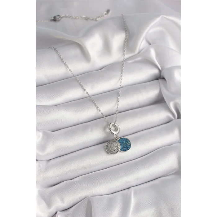 BUĞZ 316L Çelik Gümüş Renk Zincir Zirkon Taşlı İşleme Mavi Simli Kadın Kolye