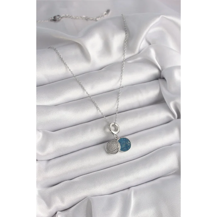BUĞZ 316L Çelik Gümüş Renk Zincir Zirkon Taşlı İşleme Mavi Simli Kadın Kolye - Lisinya