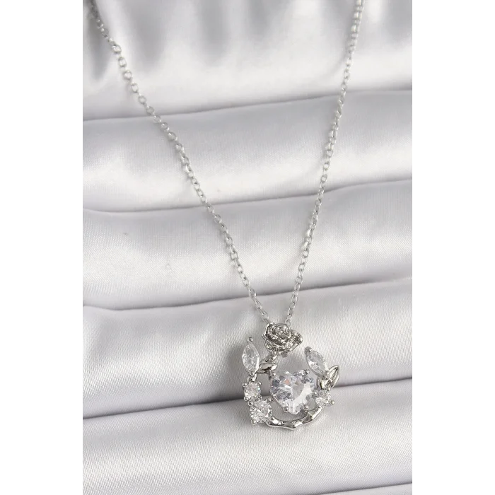 BUĞZ 316L Çelik Gümüş Renk Zincir Zirkon Taşlı Kalp Figür Gül Detay Kadın Kolye