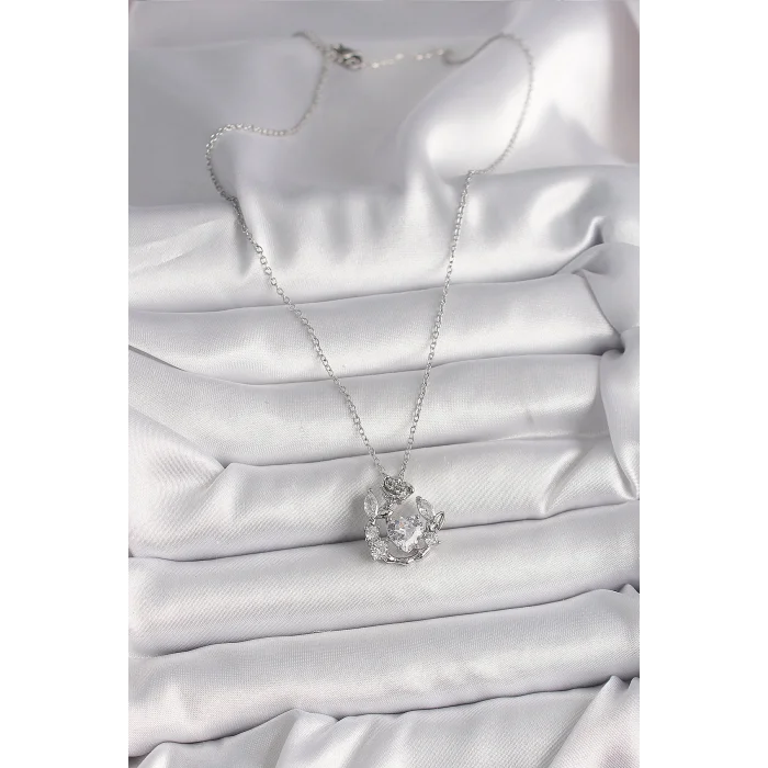 BUĞZ 316L Çelik Gümüş Renk Zincir Zirkon Taşlı Kalp Figür Gül Detay Kadın Kolye - BUĞZ