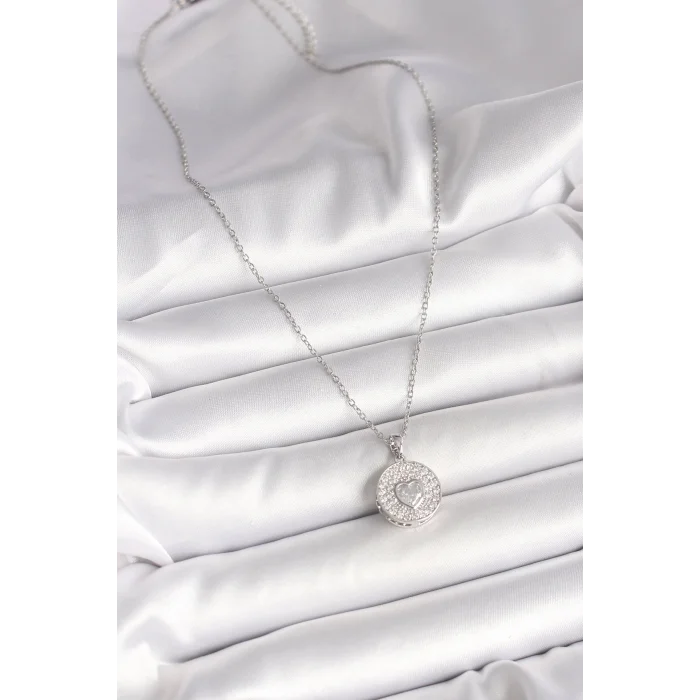 BUĞZ 316L Çelik Gümüş Renk Zincir Zirkon Taşlı Kalp İşlemeli Madalyon Model Kadın Kolye - Lisinya
