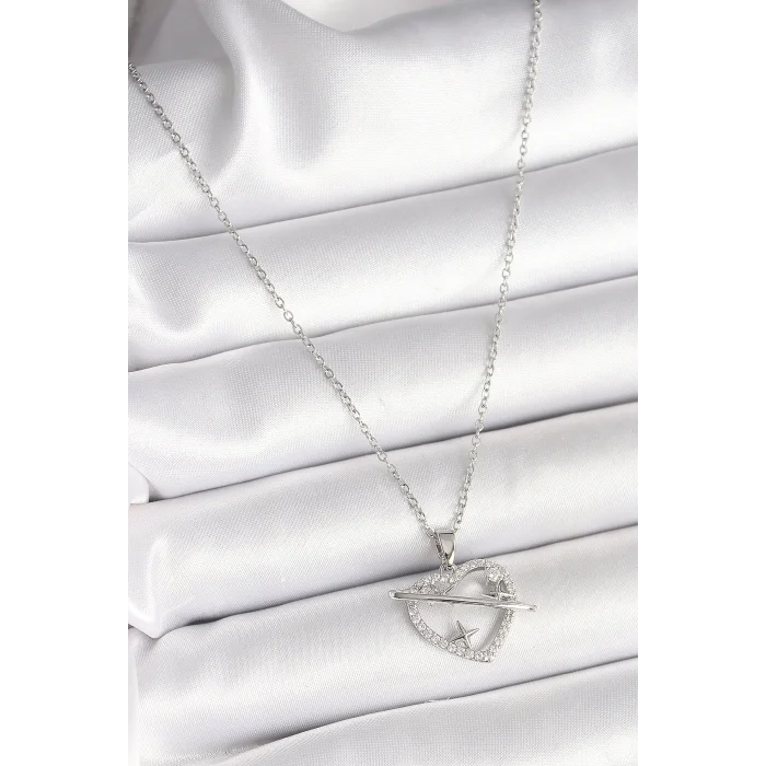 BUĞZ 316L Çelik Gümüş Renk Zincir Zirkon Taşlı Kalp Model Yıldız Detay Kadın Kolye