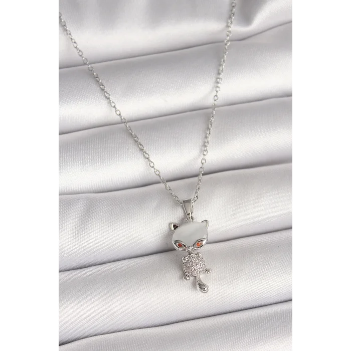 BUĞZ 316L Çelik Gümüş Renk Zincir Zirkon Taşlı Kedi Model Kadın Kolye