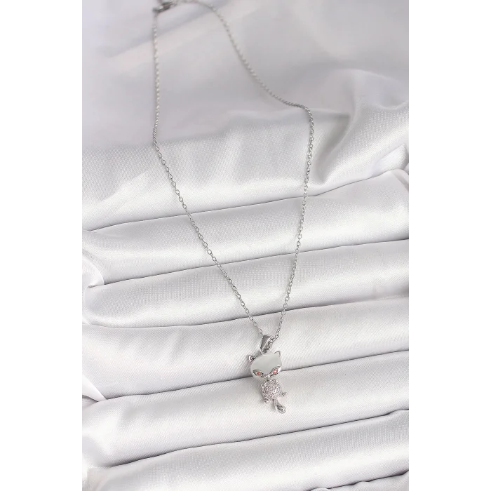 BUĞZ 316L Çelik Gümüş Renk Zincir Zirkon Taşlı Kedi Model Kadın Kolye - Lisinya