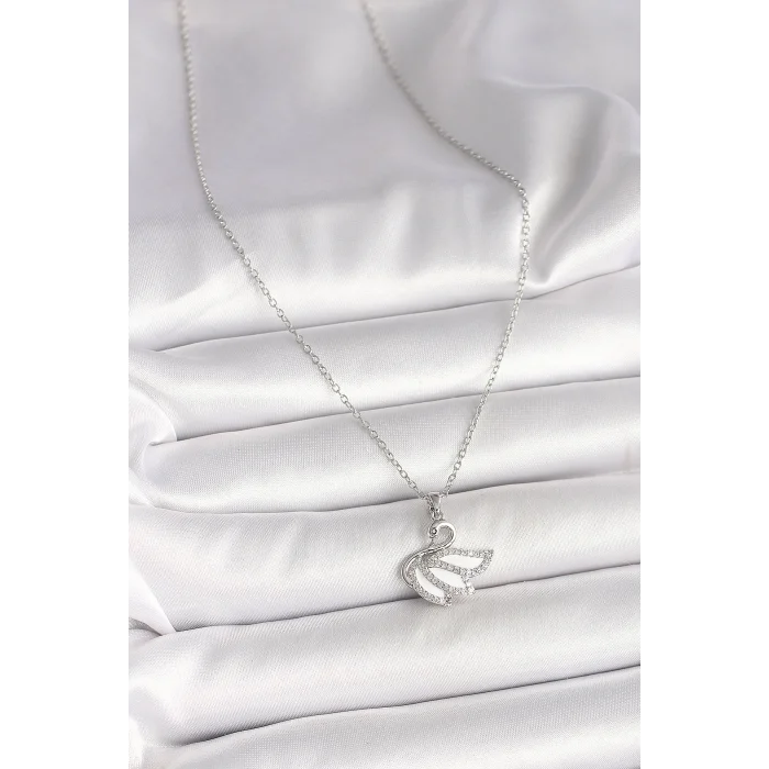 BUĞZ 316L Çelik Gümüş Renk Zincir Zirkon Taşlı Kuğu Model Kadın Kolye - Lisinya
