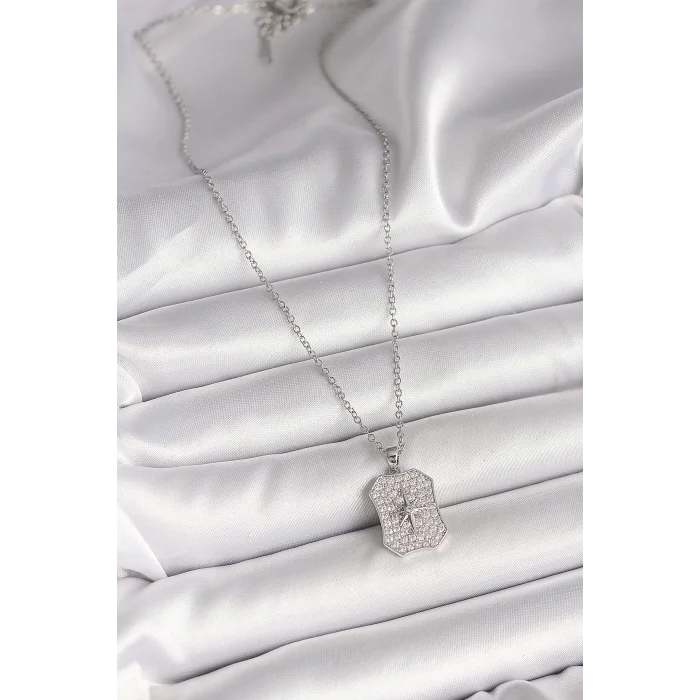 BUĞZ 316L Çelik Gümüş Renk Zincir Zirkon Taşlı Kutup Yıldız İşlemeli Madalyon Model Kadın Kolye - Lisinya