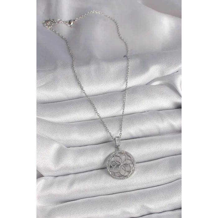 BUĞZ 316L Çelik Gümüş Renk Zincir Zirkon Taşlı Lotus Model Kadın Kolye - BUĞZ