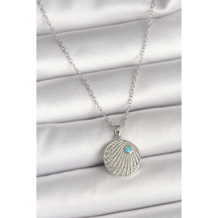 BUĞZ 316L Çelik Gümüş Renk Zincir Zirkon Taşlı Mavi Taş Detaylı Madalyon Model Kadın Kolye