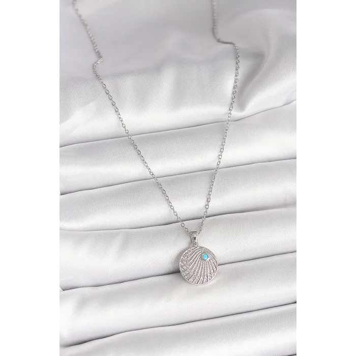 BUĞZ 316L Çelik Gümüş Renk Zincir Zirkon Taşlı Mavi Taş Detaylı Madalyon Model Kadın Kolye
