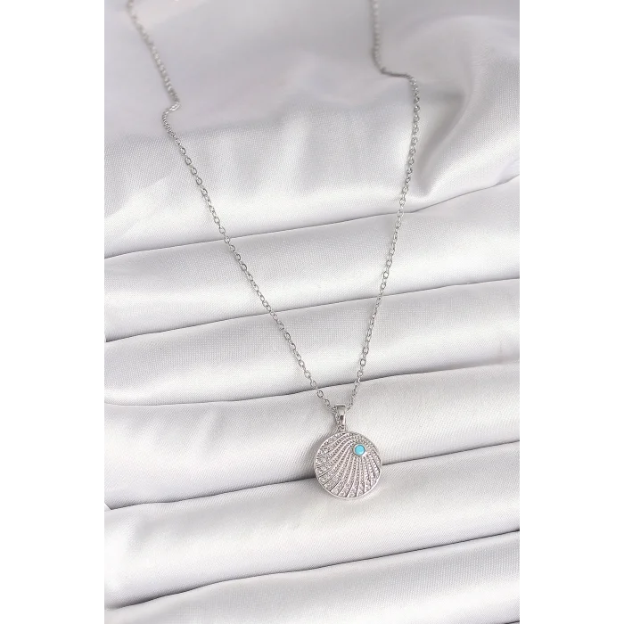 BUĞZ 316L Çelik Gümüş Renk Zincir Zirkon Taşlı Mavi Taş Detaylı Madalyon Model Kadın Kolye - Lisinya