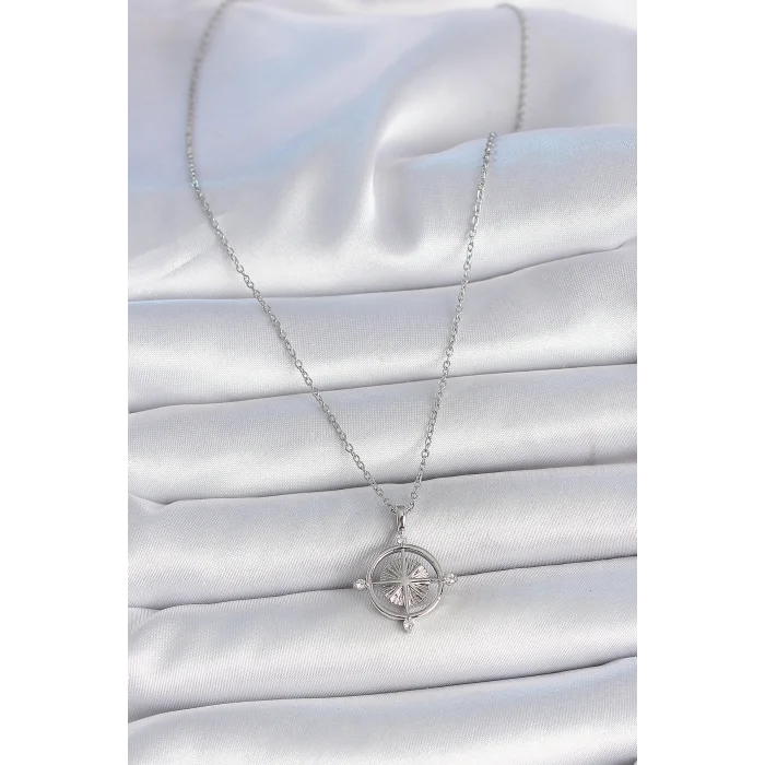 BUĞZ 316L Çelik Gümüş Renk Zincir Zirkon Taşlı Pusula Model Kadın Kolye - Lisinya
