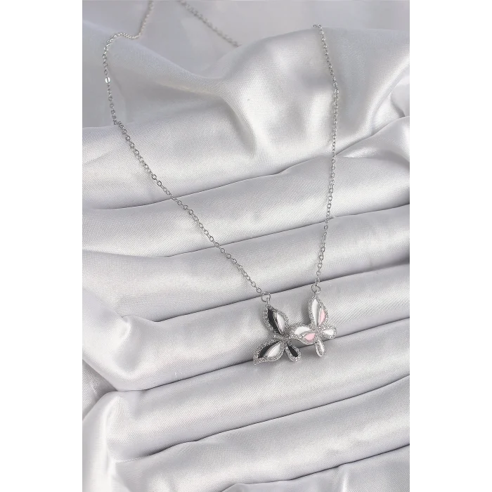 BUĞZ 316L Çelik Gümüş Renk Zincir Zirkon Taşlı Renkli Kelebek Model Kadın Kolye - Lisinya