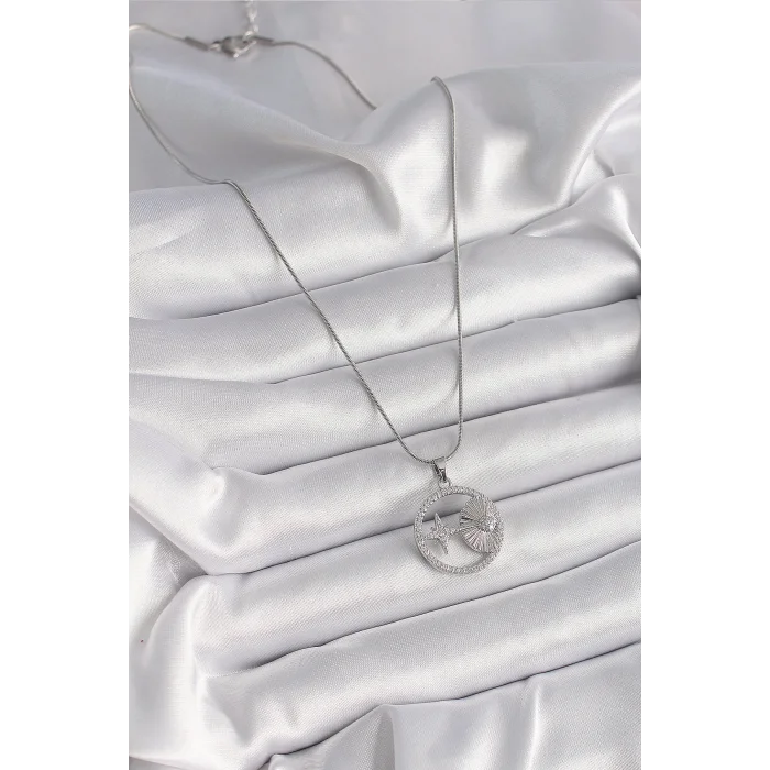 BUĞZ 316L Çelik Gümüş Renk Zincir Zirkon Taşlı Yıldız Madalyon Model Kadın Kolye - Lisinya