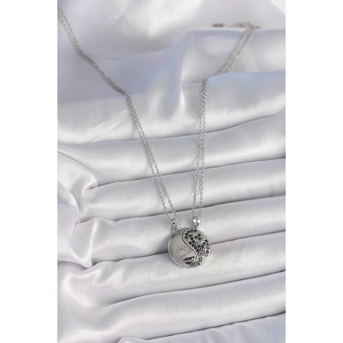 BUĞZ 316L Çelik Gümüş Renk Zincir Zirkon Taşlı Ying Yang Model Gün Batımı İşlemeli Arakdaşlık Kadın Kolye - Lisinya