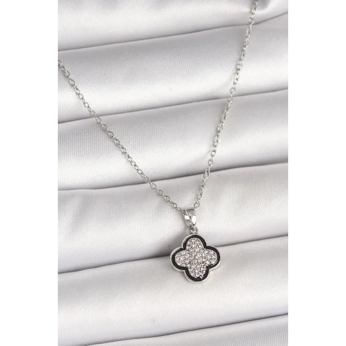 BUĞZ 316L Çelik Gümüş Renk Zincir Zirkon Taşlı Yonca Model Kadın Kolye