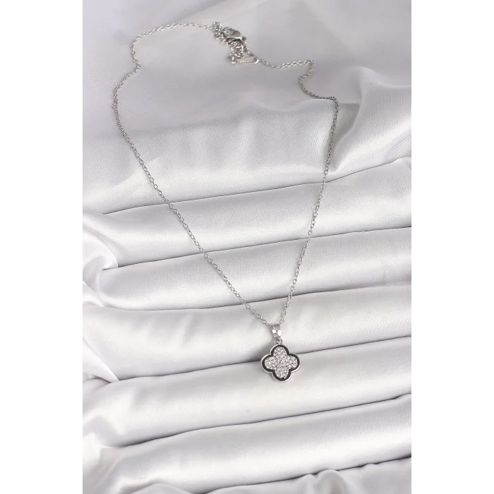 BUĞZ 316L Çelik Gümüş Renk Zincir Zirkon Taşlı Yonca Model Kadın Kolye