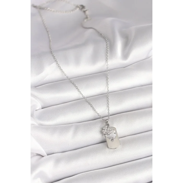 BUĞZ 316L Çelik Gümüş Renk Zincir Zirkon Taşlı Yonca Model Kadın Kolye - Lisinya