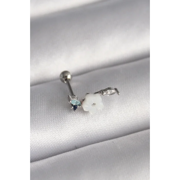 BUĞZ 316L Çelik Gümüş Renk Zirkon Taş Detay Beyaz Çiçek Model Tragus Piercing