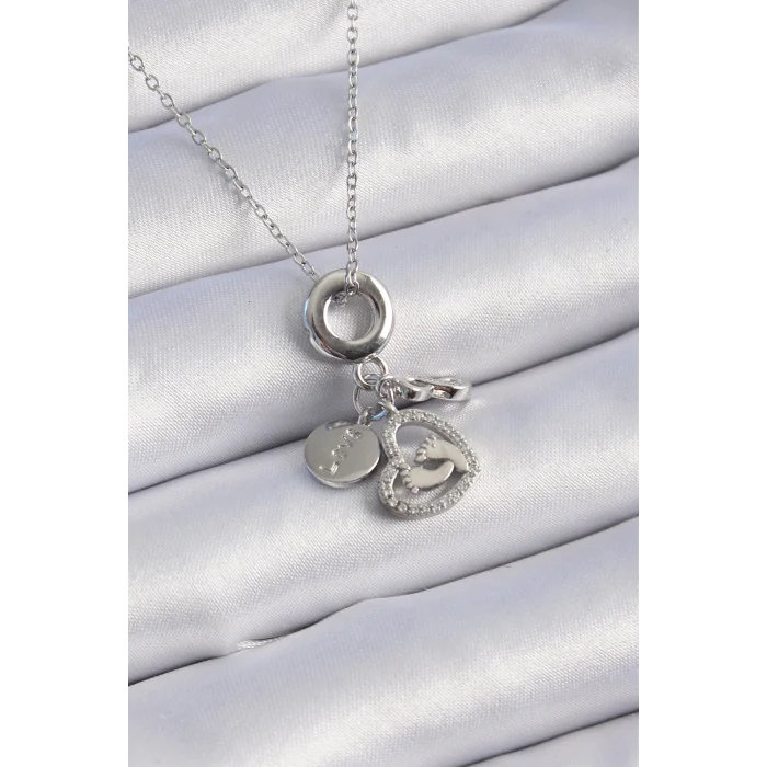 BUĞZ 316L Çelik Gümüş Renk Zirkon Taş Detay Kalp Model Charm Kadın Kolye