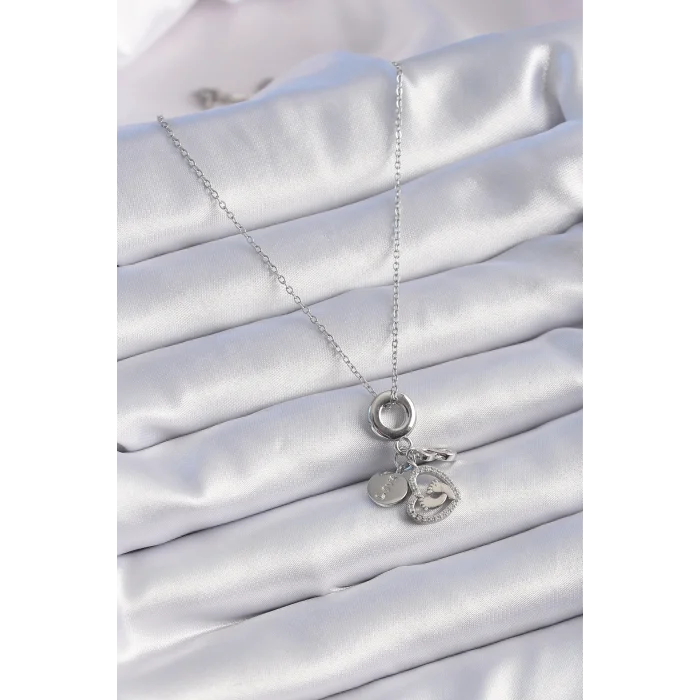 BUĞZ 316L Çelik Gümüş Renk Zirkon Taş Detay Kalp Model Charm Kadın Kolye