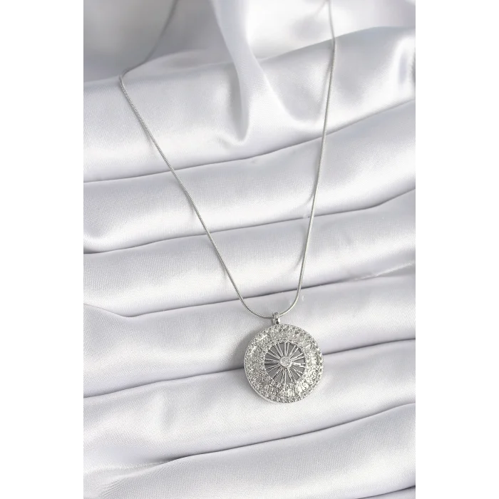 BUĞZ 316L Çelik Gümüş Renk Zirkon Taşlı 12 Burç Madalyon Model Kadın Kolye