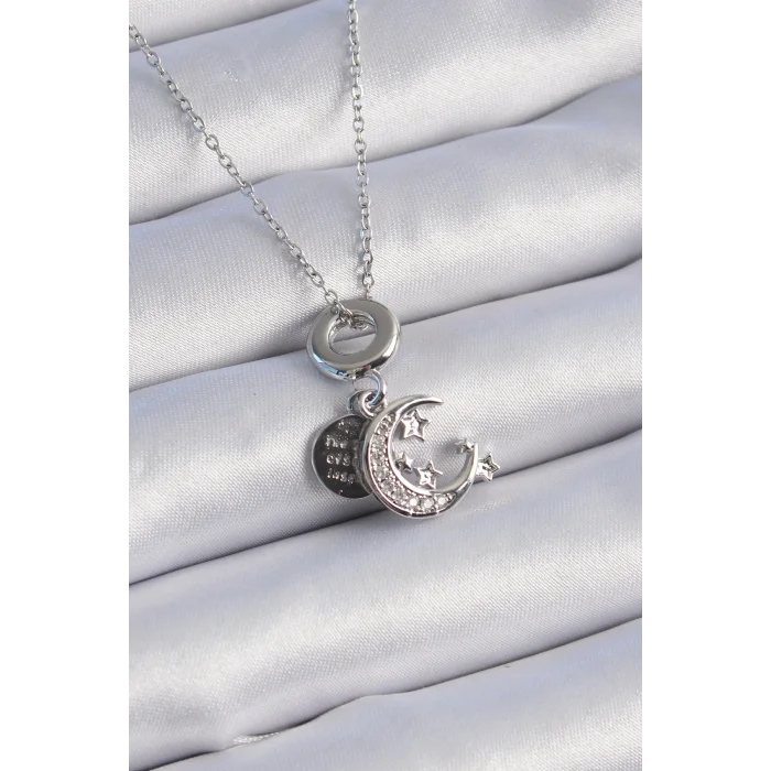 BUĞZ 316L Çelik Gümüş Renk Zirkon Taşlı Ay Yıldız  Figür Charm Model Kadın Kolye