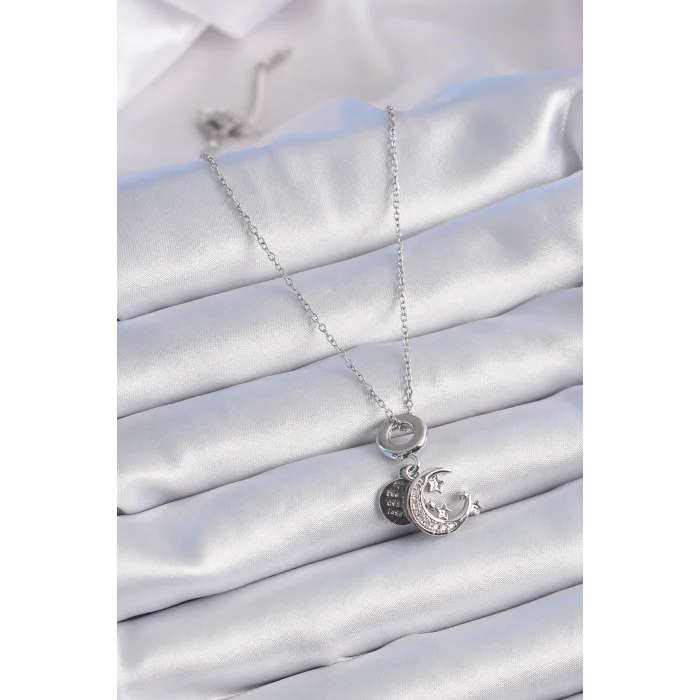 BUĞZ 316L Çelik Gümüş Renk Zirkon Taşlı Ay Yıldız  Figür Charm Model Kadın Kolye - Lisinya