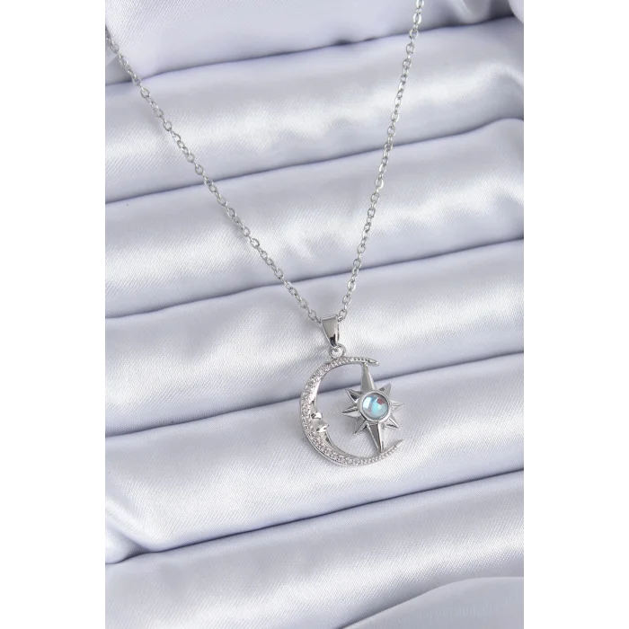 BUĞZ 316L Çelik Gümüş Renk Zirkon Taşlı Ay Yıldız Model Kadın Kolye
