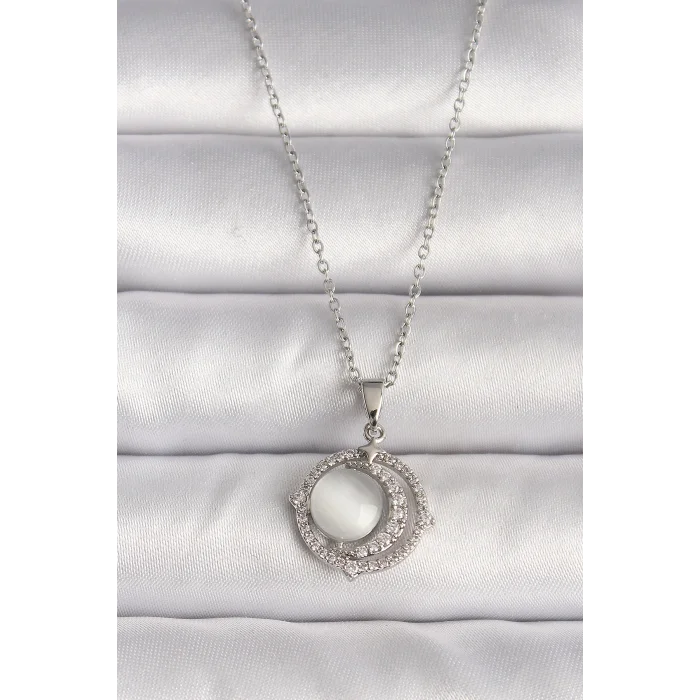 BUĞZ 316L Çelik Gümüş Renk Zirkon Taşlı Beyaz Sedefli Hilal Model Kadın Kolye