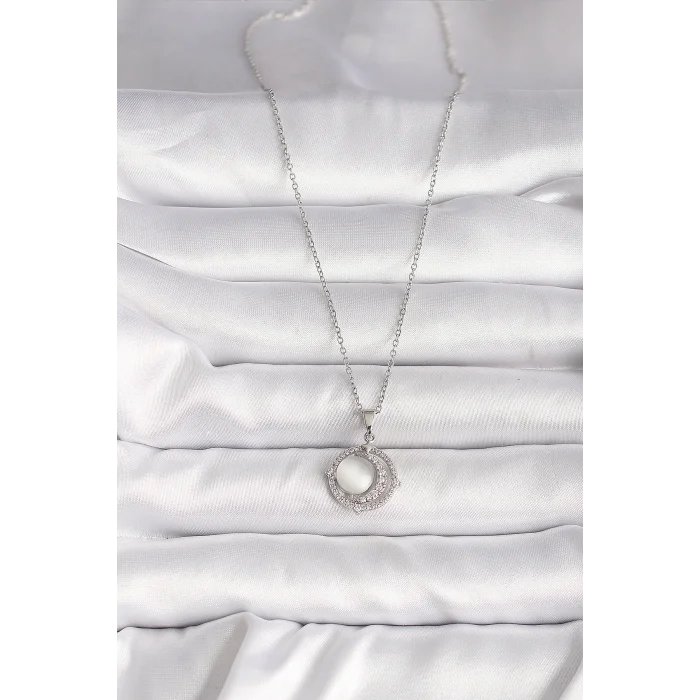 BUĞZ 316L Çelik Gümüş Renk Zirkon Taşlı Beyaz Sedefli Hilal Model Kadın Kolye - BUĞZ